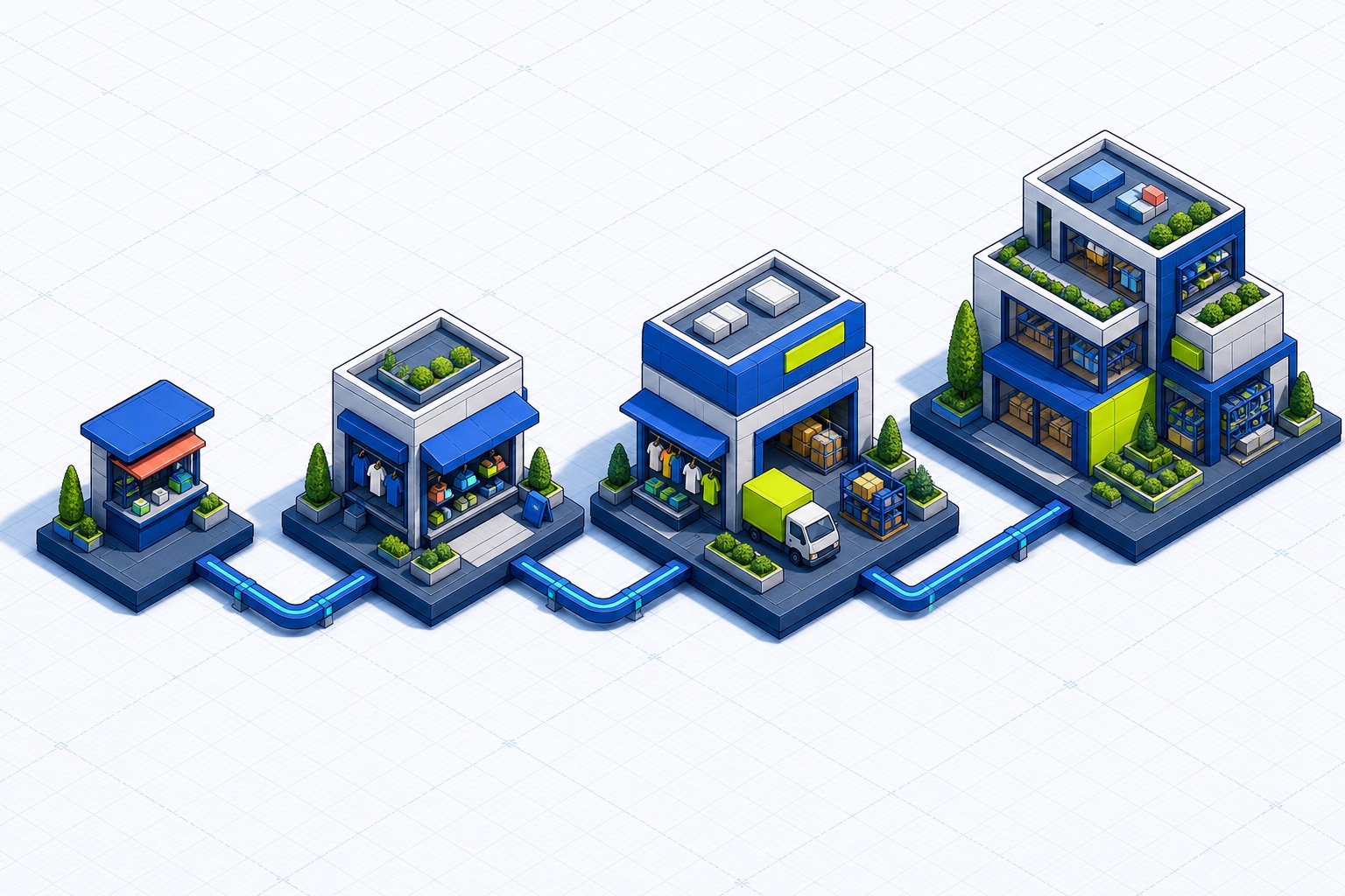 An isometric map of four storefront stages connected along one clear growth path