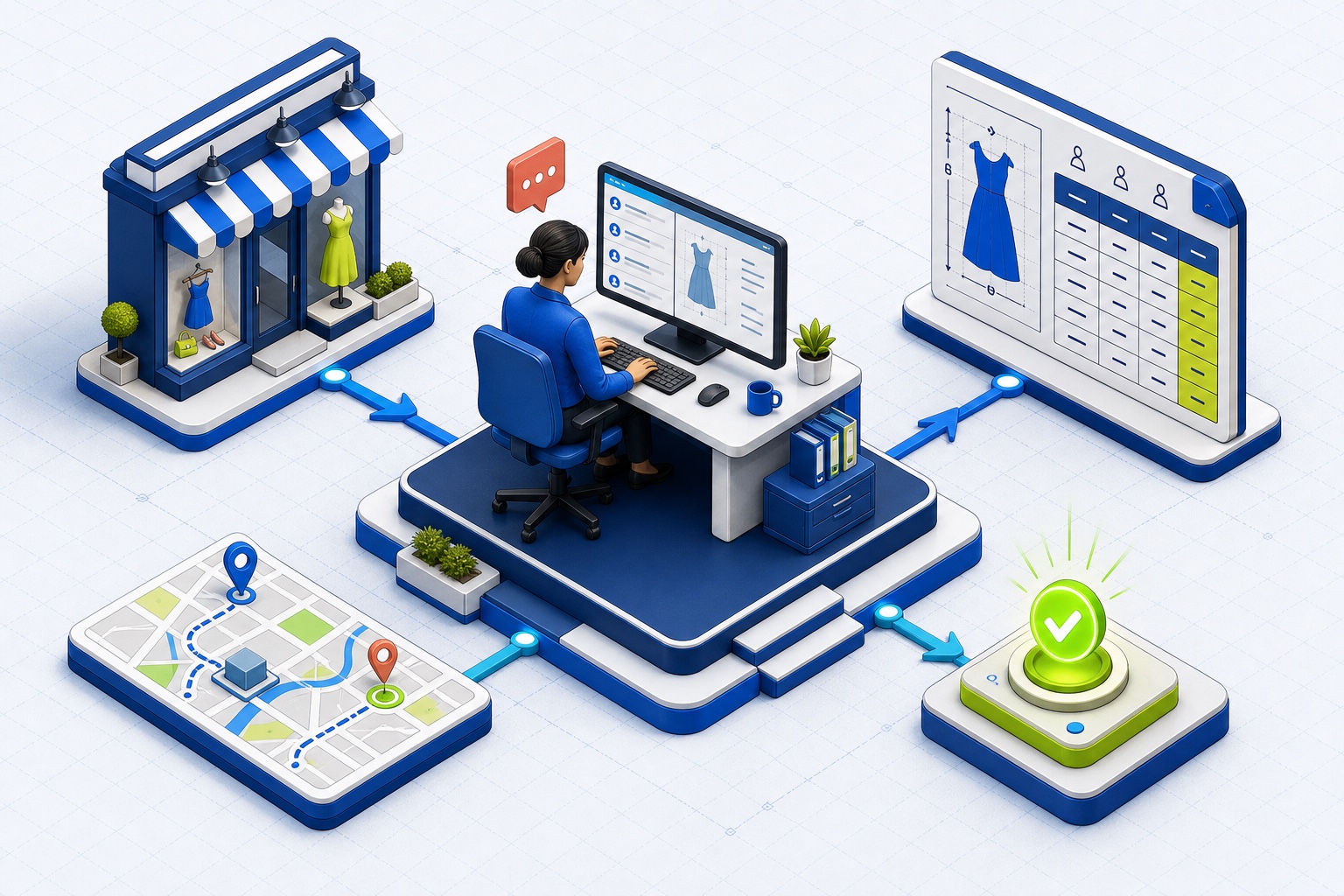 Isometric support workspace with product guidance, chart details, and an open message